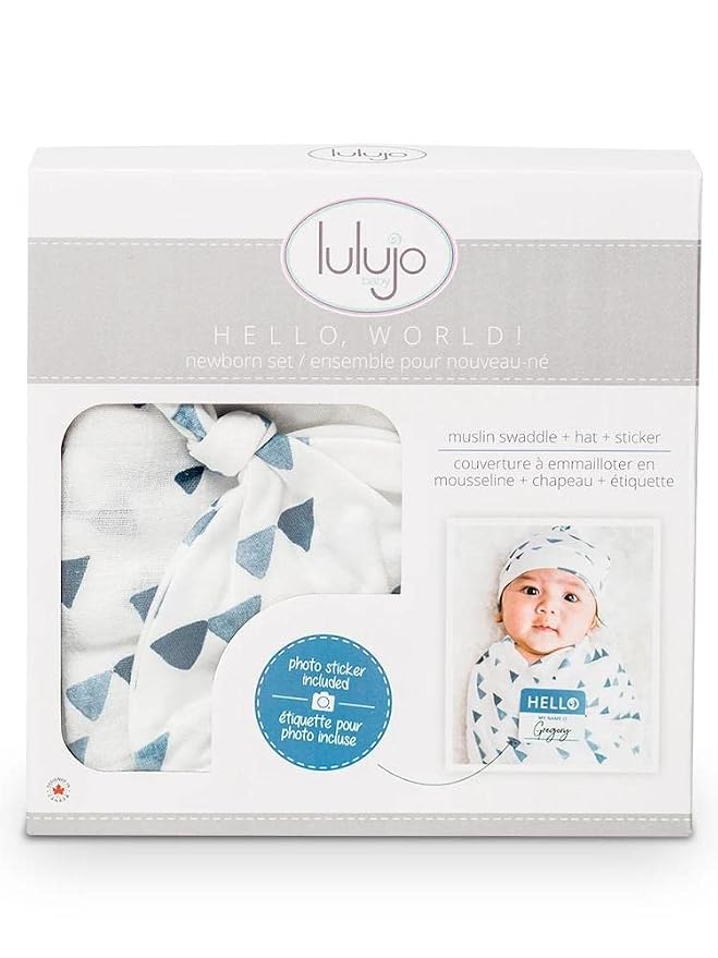 Lulujo Baby Hello World Newborn Hat and Swaddle Blanket Set, Triangle Blue