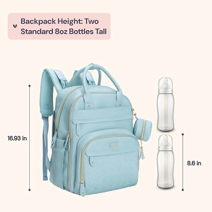 BabbleRoo Leather Diaper Bag Backpack - Baby Essentials Travel Baby Bag, Multi function, Water Resistant, with Changing Pad, Stroller Straps & Pacifier Case ??Unisex, Powder Blue