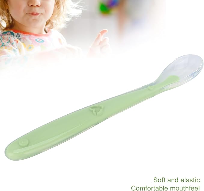 Baby Feeding Spoon, Baby Spoon High Elastic Silicone Full Wrap Design Food Grade Silicone for Baby(Green)