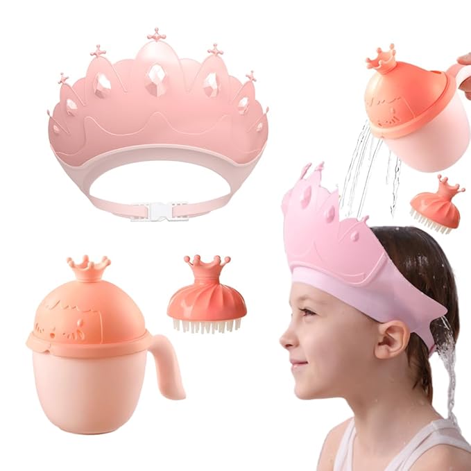 Baby Shower Cap Shield, Baby bath set shower cap/water cup/massage brush,Visor Hat for Eye and Ear Protection for 0-9 Years Old Children,Cute Crown Shape Makes the Baby Bath More Fun (Pink)