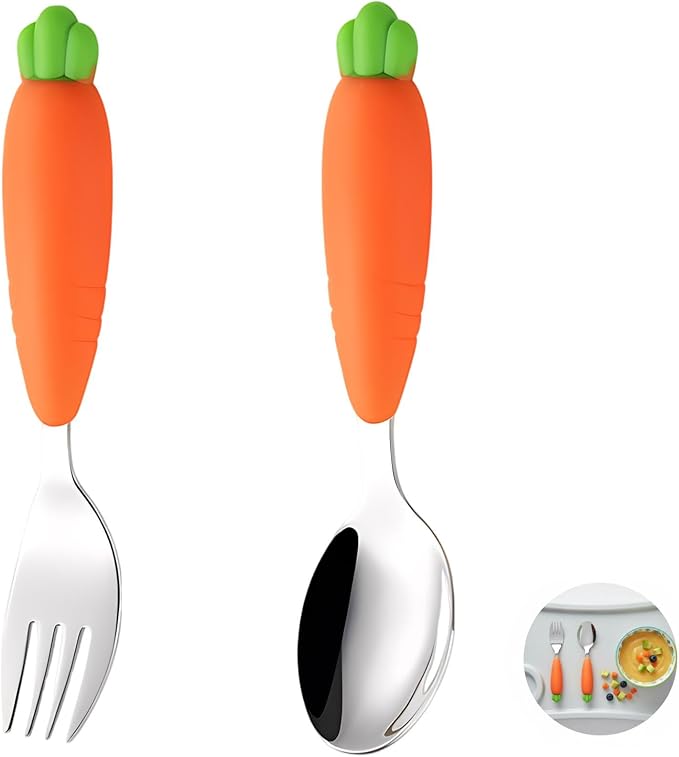 2 Pcs Little One Utensils Set, Carrot Design, 304 Stainless Steel Fork and Spoon, Food-Safe Silicone Handle, Little One Size for Self-Feeding Training