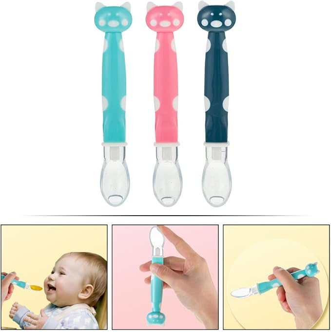 BESPORTBLE 3Pcs Silicone Feeding Spoons Soft Teething Resistant Spoons for Boy Girl Newborn Training with Gentle Gum Care in Haze Blue Rose Pink Mint Green