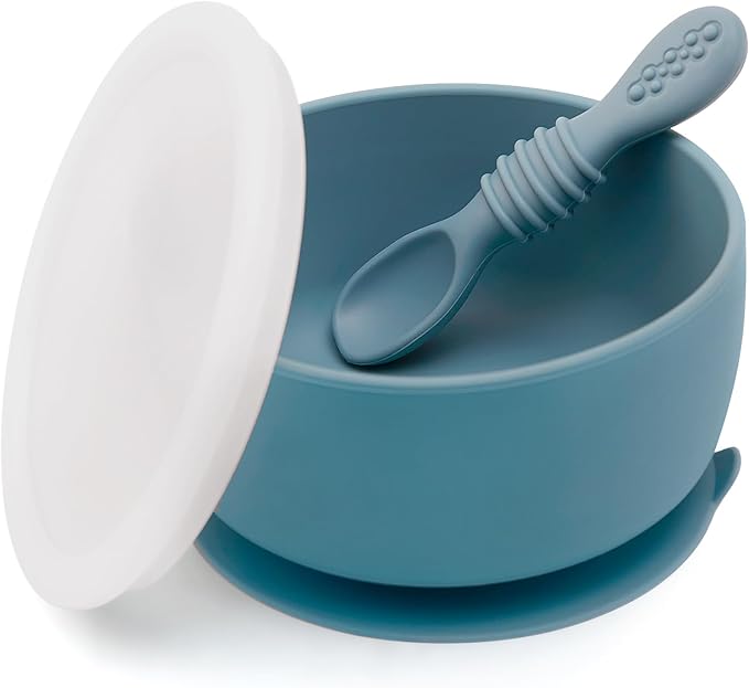 SAMiGO Silicone Baby Bowl and Spoon Set with Suction and Lid, First Stage Self Feeding Essentials, Food Bowl for 6+ Months