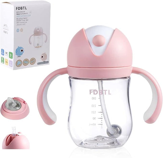 Baby Straw Cup Soft Spout Sippy Cups Learner Cup with Removable Handles, Leak-Proof, Spill-Proof, A Straw Brush, Break-Proof Cups for Toddlers Infant (Pink 9oz)