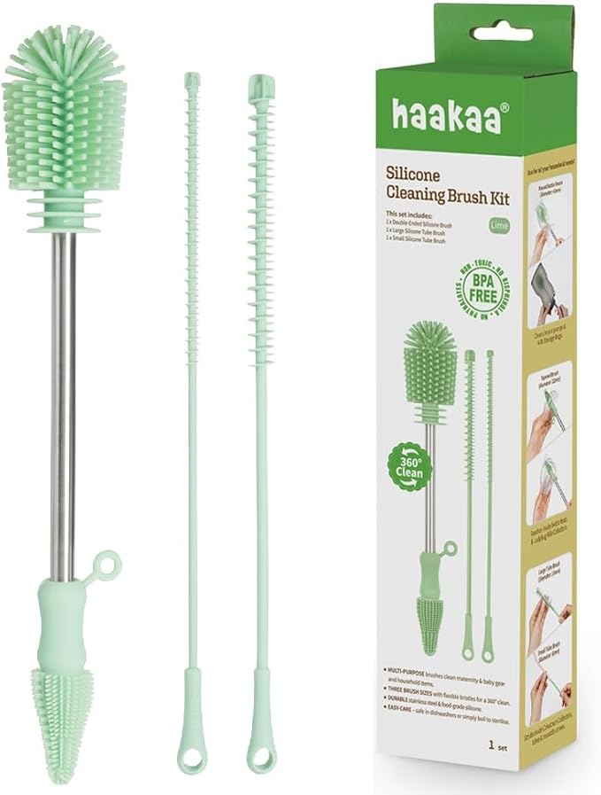Haakaa Silicone Cleaning Brush Kit ??Household Cleaning Brushes for Bottles and Crevices ??Food-Grade Silicone: Dishwasher Safe (Kit-Lime)