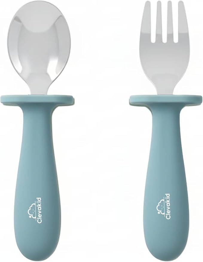 Toddler Stainless Steel Spoon & Fork Set, Non-Slip Silicone Handle, BPA-Free, Self-Feeding (Blue Light)