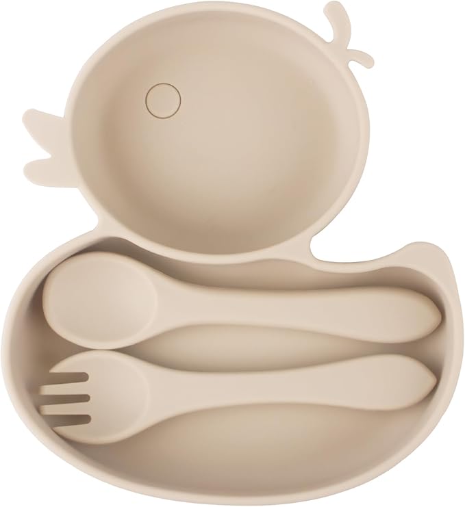 Baby Suction Plate, Silicone Toddler Plate for Kids Baby Weaning Plate Strong Suction Divided Dish with Fork Spoon, BPA Free (Orange) (Beige)