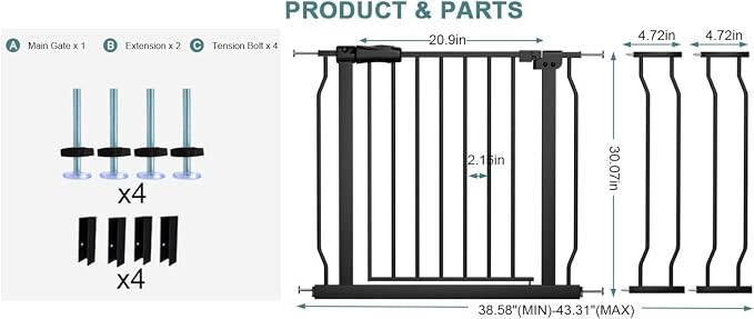 Extra Wide Baby Gate Tension Indoor Safety Gates Black Metal Large Pressure Mounted Pet Gate Walk Through Long Safety Dog Gate for The House Doorways Stairs (38.58"-43.31"/98-110CM, Black)