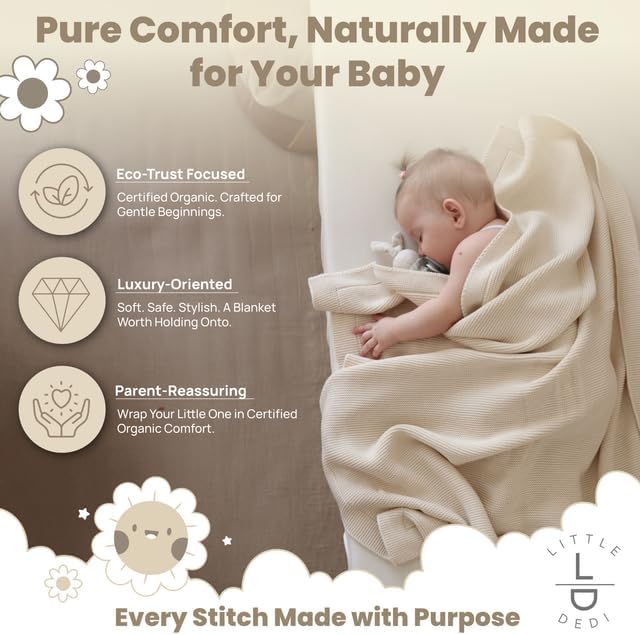 100% Organic Cotton Baby Knitted Blanket with Gift Box - Soft Toddler, Crib, Stroller Blanket - Neutral Swaddle and Receiving Blanket for Newborns, 30"x40", Beige