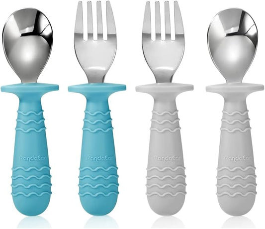 PandaEar 4 Set Baby Toddler Silicone Stainless Steel Utensils Silverware Spoon Fork for Baby Toddler BPA Free with Silicone Holding Anti-Choke Design (Blue&Grey)