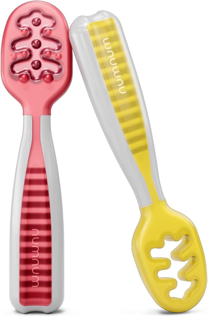 NumNum Baby Spoons Set, Baby Essentials Pre-Spoon GOOtensils for 6+ Months, First Stage Self-Feeding Spoons for Baby Led Weaning (BLW), Silicone Toddler Utensils, BPA-Free, 2 Pack Red/Yellow