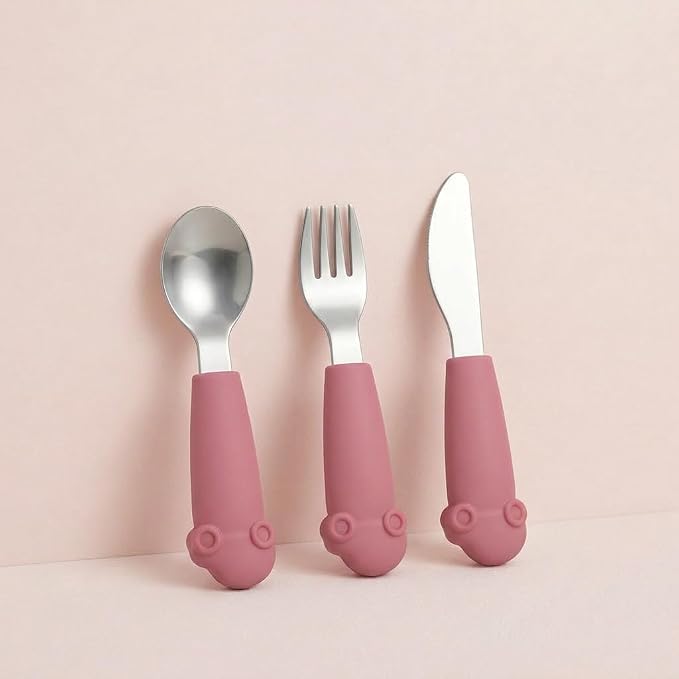 Stainless Steel Silverware Set – Silicone Handle Fork, Spoon & Knife – BPA-Free, Self-Feeding Toddler Utensils | Car Design (Pink Candy)