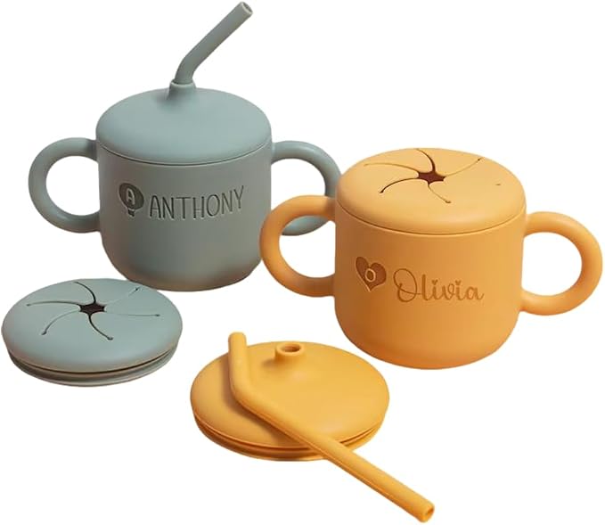 Personalized Baby Sippy Cup,Custom Silicone Snack Cups,Baby Water Cup with Lid and Handle,Engraved Name Toddler Training Cups