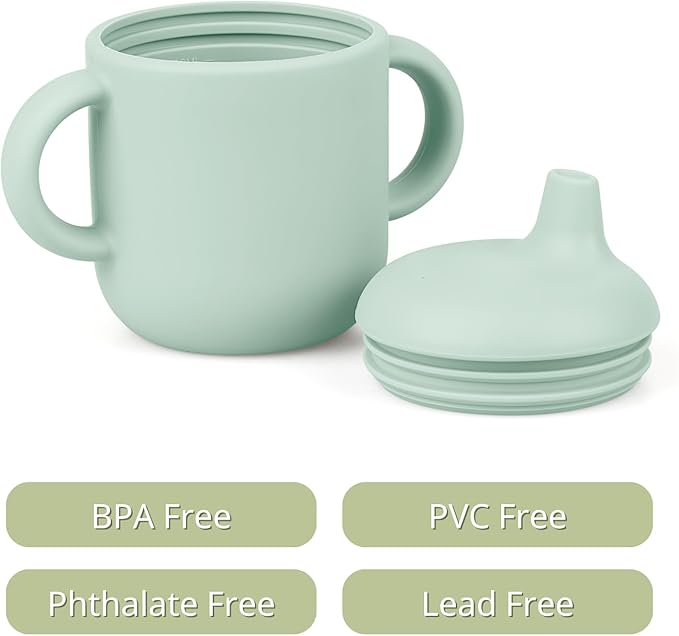 Silicone Baby Drinking Cups, Sippy Cups for 6-12 Months Toddlers - Pack of 2 Food Grade Silicone Traning Cups with Straws and Lids Grip Handle for Baby Led Weaning, 6 oz (Glacier/Plume)