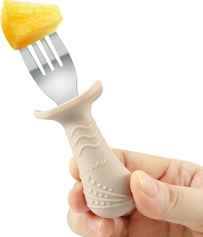 PandaEar Baby Toddler Fork and Spoon Utensil Set, 6 Pack Silicone Stainless Steel Silverware Spoon Fork for Babies Toddler, BPA Free with Silicone Holding Anti-Choke Design (Light Tan&Walnut&Grey)