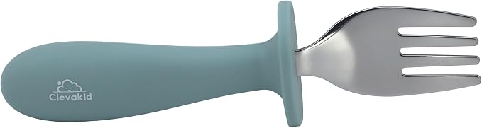 Toddler Stainless Steel Spoon & Fork Set, Non-Slip Silicone Handle, BPA-Free, Self-Feeding (Blue Light)