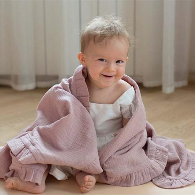 Newborn Baby Blanket, Toddler Blanket, 100% Cotton 4 Layers Soft Swaddling Receiving Blanket with Ruffle, Breathable and Lightweight Blanket, 34 x 26 inch