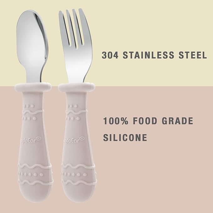 PandaEar Silicone Baby Spoons & Toddler Utensils (Light Tan/Walnut/Blue)