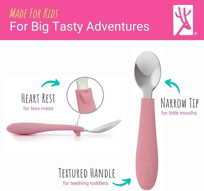 Elk and Friends Kids Silverware with Silicone Handle | Childrens Safe Flatware | Toddler Utensils | Baby Spoons + Forks | Stainless Steel Cutlery | Dishwasher Safe | 6 Pieces