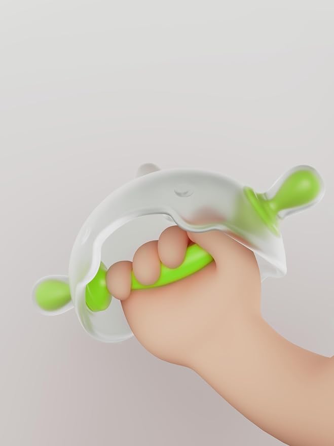 Baby Teething Toy for 0-6 Months ??One-Piece Liquid Silicone Teether, Easy-Grip Dinosaur for Soothing Gums, No Glue No Gaps, Lint-Resistant, Dishwasher Safe with Travel Case(Olive White)