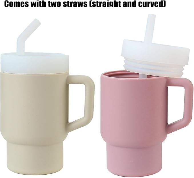 PandaEar 2 Pack Kids Tumbler Silicone Toddler Cup with Straw and Handle, 9.5oz Spill-Proof Training Cup for Baby, BPA-Free, Easy to Clean -Grey/Pink