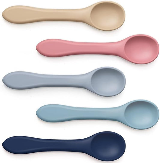 Aedida 5-piece Silicone Baby Feeding Spoons,First Stage Infant Spoon Set 6 Months Soft-tip Spoons for Baby Toddlers Bendable Training Spoon Utensils Feeding Supplies