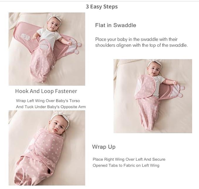 insular Baby Swaddle Wrap, Swaddle Blanket for Newborn and Infant, Adjustable Swaddling Set for Boy and Girl, Soft Cotton Baby Sleep Sack 3 Pack, Pink Swan, Small(0-3 Month)