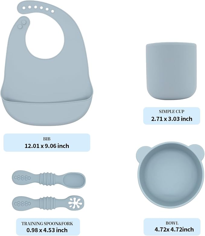 BabyX Silicone Baby Starter Kit, 5 Pieces First Feeding Set, Including Training Spoon, Fork, Cup, Bib and Bear Shaped Bowl (Blue), BPA-Free, Baby Utensils Supplies, Microwave/Dishwasher Safe