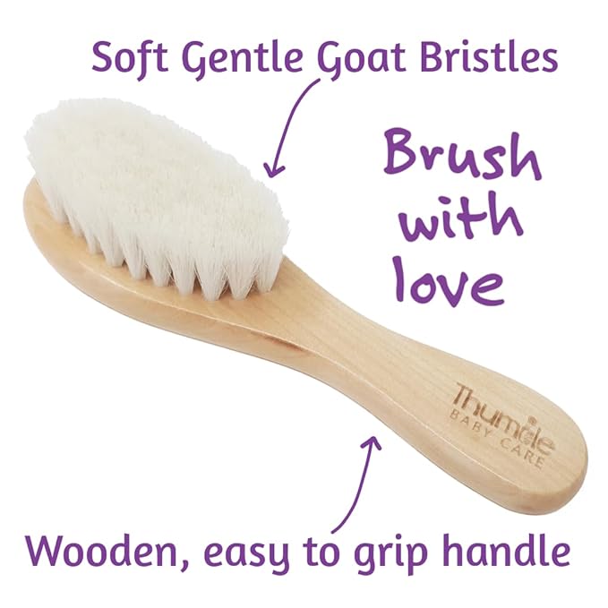 Baby Hair Brush by Thumble Baby Care | Gentle Goat Bristle Cradle Cap Scalp Massager | Set for Newborns, Infants & Toddlers | Natural Wooden Alternative | Plastic-Free
