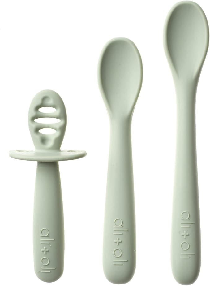 Ali+Oli (3pc) Silicone Spoon Set for Baby (Pine) Unbreakable Baby Spoons, Self Feeding Utensils, Multi-stage Design, Ergonomic Handle