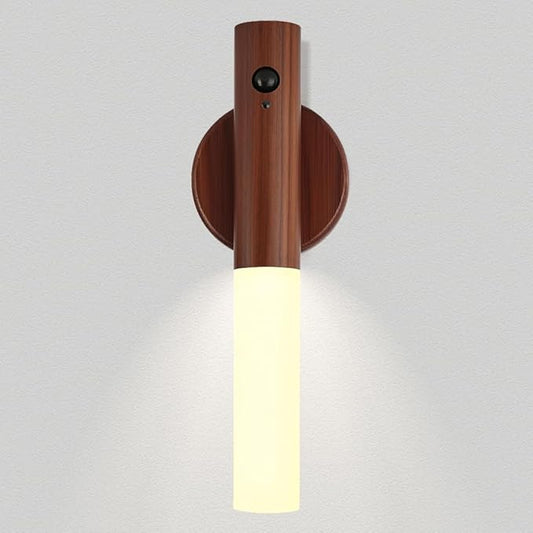 LANDGOO 1-Pack Magnetic Night Light with Motion Sensor, Walnut Wood Cylindrical Rechargeable LED Lamp, White Light Only, Portable Bedside Light for Bedroom Nursery
