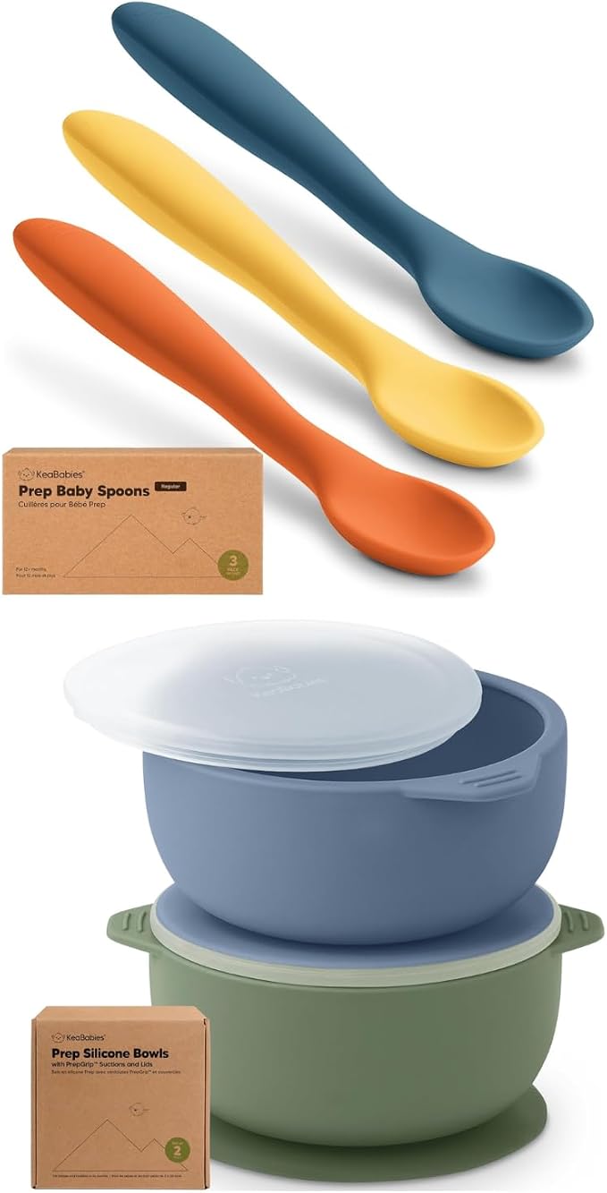 KeaBabies 3-Pack Silicone Baby Spoons and 2-Pack Baby Bowls with Suctions, Lids - Toddler First Food Training Spoon - Silicone Suction Bowls for Boy, Girl