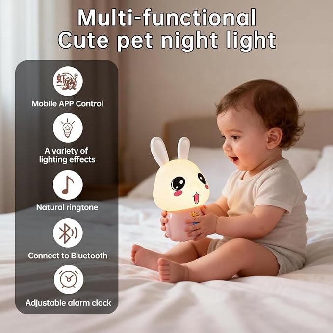 wapentake Cute Bunny Night Light for Kids, 16 Colors Changing Baby Night Light with Bluetooth Speaker & Music, APP Control Rechargeable Nursery Night Light, Smart Alarm Clock Wake Up Light, Lamp Gift