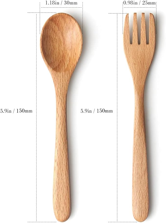 YFWOOD 4-Pieces Natural Wooden Children's Safe Flatware, 2 x Child Forks, 2 x Children Spoons, Kids Utensils Set Hand polishing Anti-slip Portable and ultra light