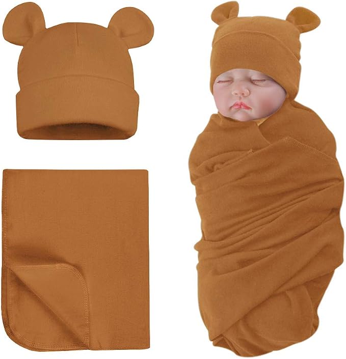 PESAAT Cotton Baby Swaddle Hat Set Newborn Infant Hats Receiving Blankets for Baby Boys Girls