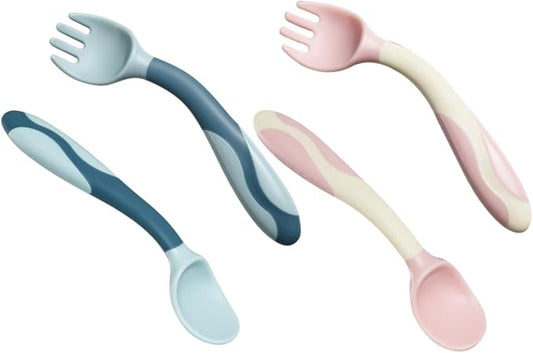 Abaodam 2 Sets Flexible Silicone Spoons and Forks Training Utensils with Non-slip Handles Bendable Soft Feeding Cutlery for Self-feeding Pink and Blue