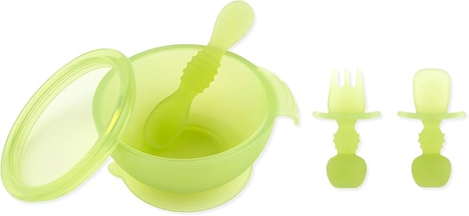 Bumkins - Jelly Silicone Bowl, Lid, Spoon, Training Chewtensils - For Ages 4 Months+ - Suction Base - 100% Food-Safe Silicone - Oven, Microwave, & Dishwasher Safe - Jelly Green
