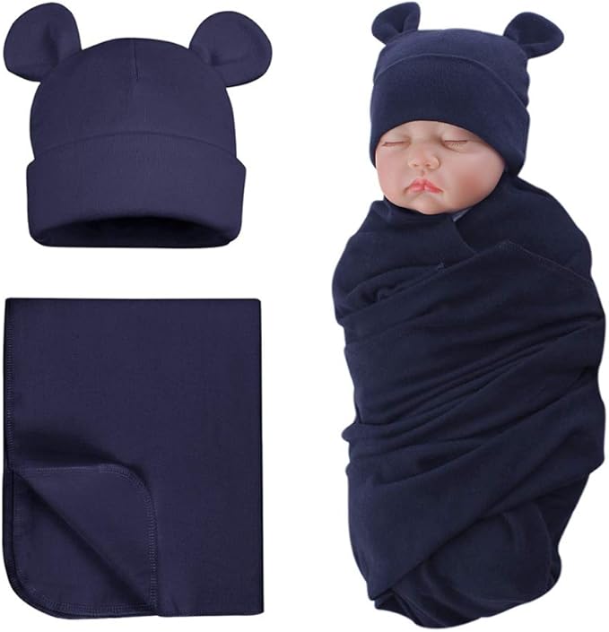 PESAAT Cotton Baby Swaddle Hat Set Newborn Infant Hats Receiving Blankets for Baby Boys Girls