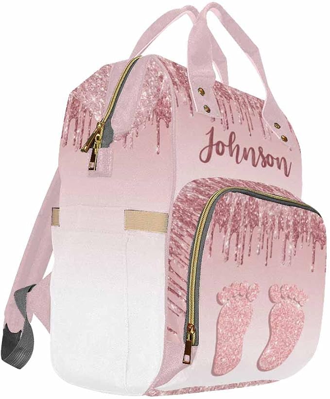 InterestPrint Custom Diaper Bag Backpack Personalized Glitter Drips Rose Gold Feet Backpack with Text Bag Nursing Bags Fashion Shoulders Bag Casual Daypack Travel Multipurpose Bag for Men Women
