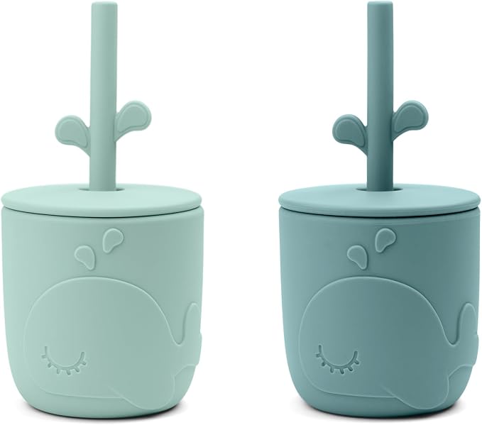 Done by Deer Peekaboo Straw Cup 2-Pack Wally Blue – Toddler Cups with Straws – Spill-Proof, Easy-Grip, Shatterproof Silicone
