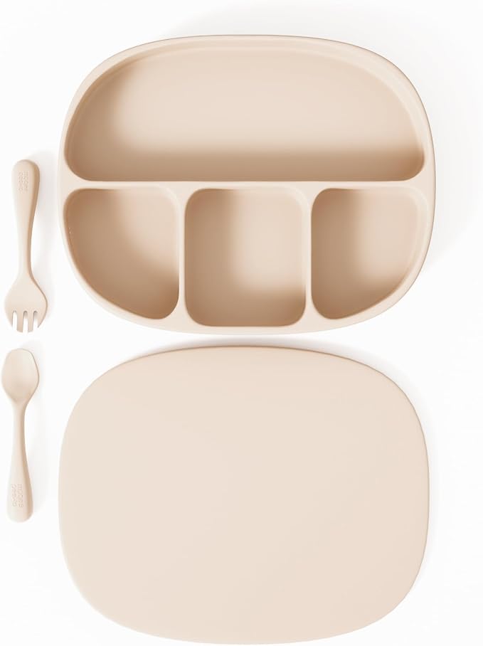 Baby Feeding essentials Baby Led Weaning Supplies in neutral Beige Color with Suction plates for baby with lid and baby spoons and toddler forks - (3 Piece Set)