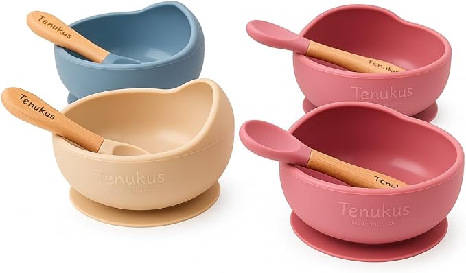 Silicone Suction Baby Bowl & Spoon Set – Soft Tip Spoon, BPA-Free, Dishwasher Safe – Rose Pink | Tenukus Feeding Set for Babies & Toddlers