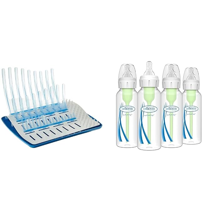 Dr. Brown's Folding Drying Rack for Bottles & Essentials + Anti-Colic Options+ Narrow Baby Bottles, 8 oz, Level 1 Slow Flow Nipple, 4 Pack