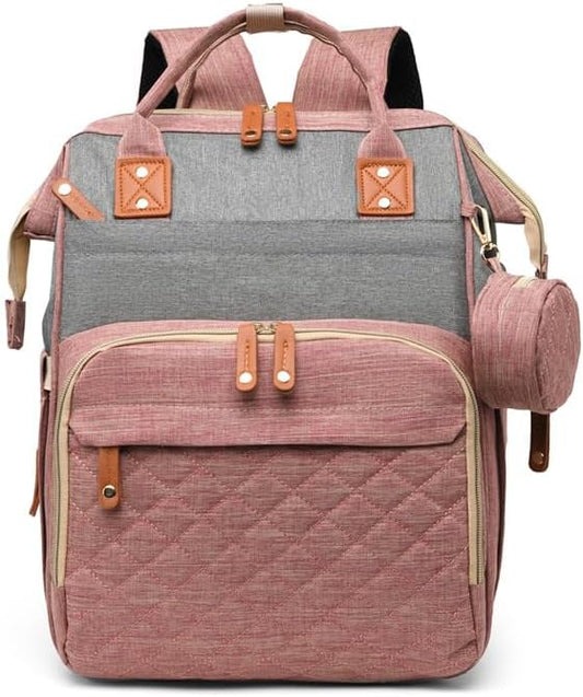 Diaper Bag Backpack, Multifunctional Travel Baby Bag with Changing Pad, Insulated Bottle Holders, Pacifier Case & Stroller Straps, Large Capacity Water Resistant, Unisex (Pink Gray)