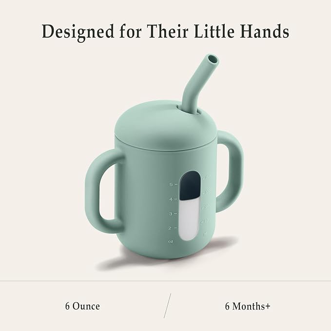 CLYMENE Silicone Training Cup with Straw & Handles | Baby Sippy Cup | Water Drinking Cup for Infants and Toddlers 6 Months+, 6 oz, Sage