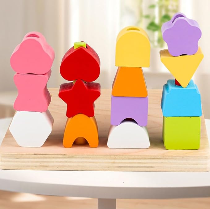 Color Matching Stacking & Sorting Peg Board, Geometric Shape Building Blocks with Activity Cards