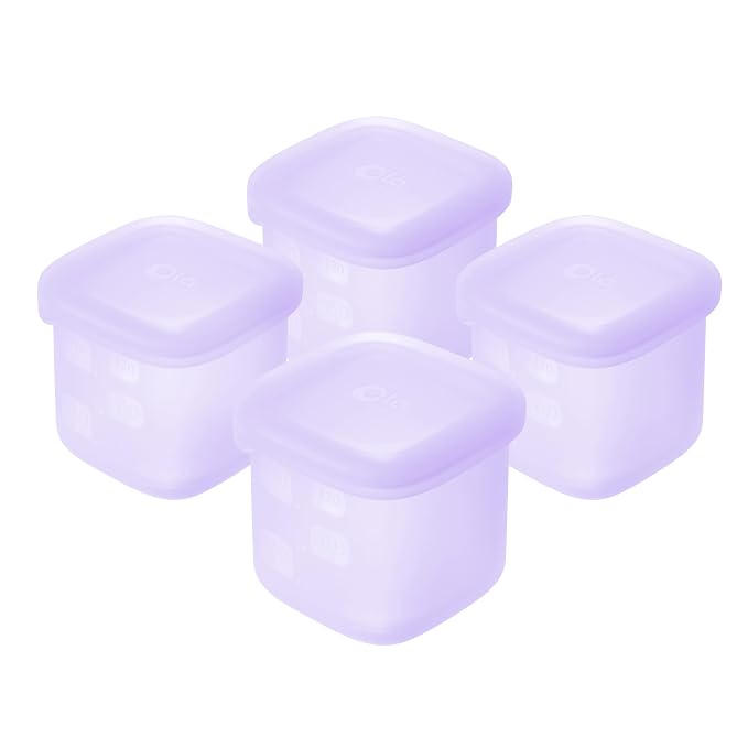 Olababy Training Spoon Set (Coral/Lilac) + Olababy Clear Sense Silicone Storage Containers 4pk (Lilac, 4 oz)