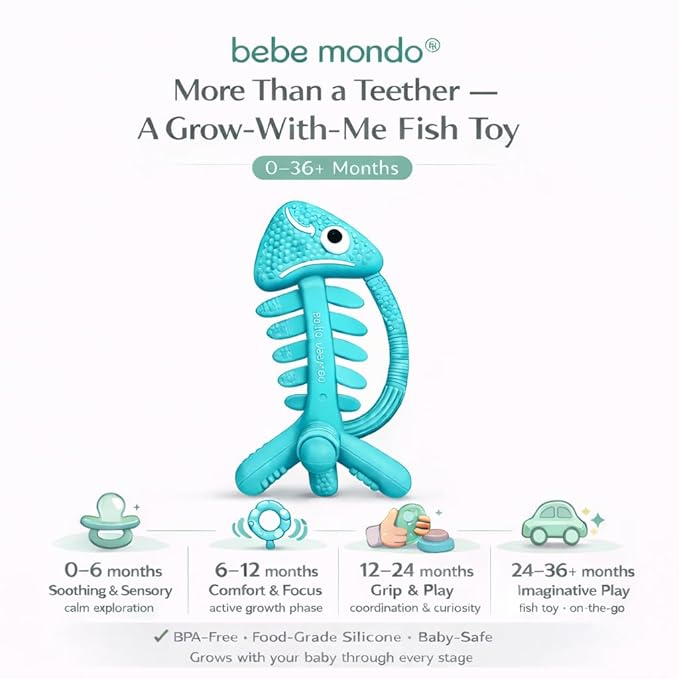 3 in 1 Infant Toys, Baby Teething Toys 3?? 6??2 Months, Teethers for Babies 0??????2 Months for Teething Relief, Baby Gift, Baby Teether Toys, Silicone Sensory Toys,USA Patent Pending, Fish Turquoise