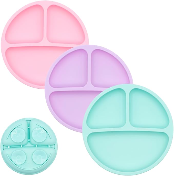 WeeSprout Suction Plates for Babies & Toddlers - 100% Silicone, Dinnerware Stays Put, Divided Design for Picky Eaters, Microwave & Dishwasher Friendly, 3 Pack