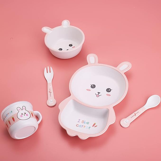 Bamboo Kids Dinnerware Set 5 Pcs Includes Plate Bowl Cup Fork Spoon Perfect for Kids BPA-Free (Rabbit)